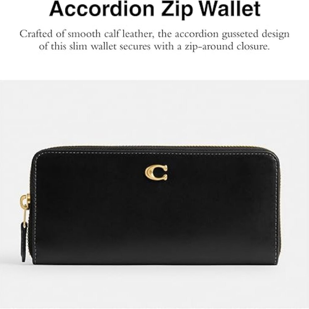 Coach Women's Smooth Leather Essential Slim Accordion Zip, Black